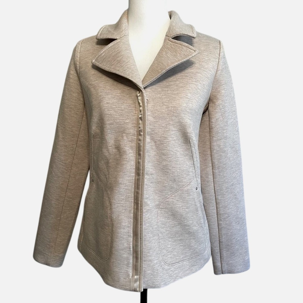 DENNIS by Dennis Basso Tan Scuba Knit Zip-Front Jacket with Ribbon Trim, Size XS